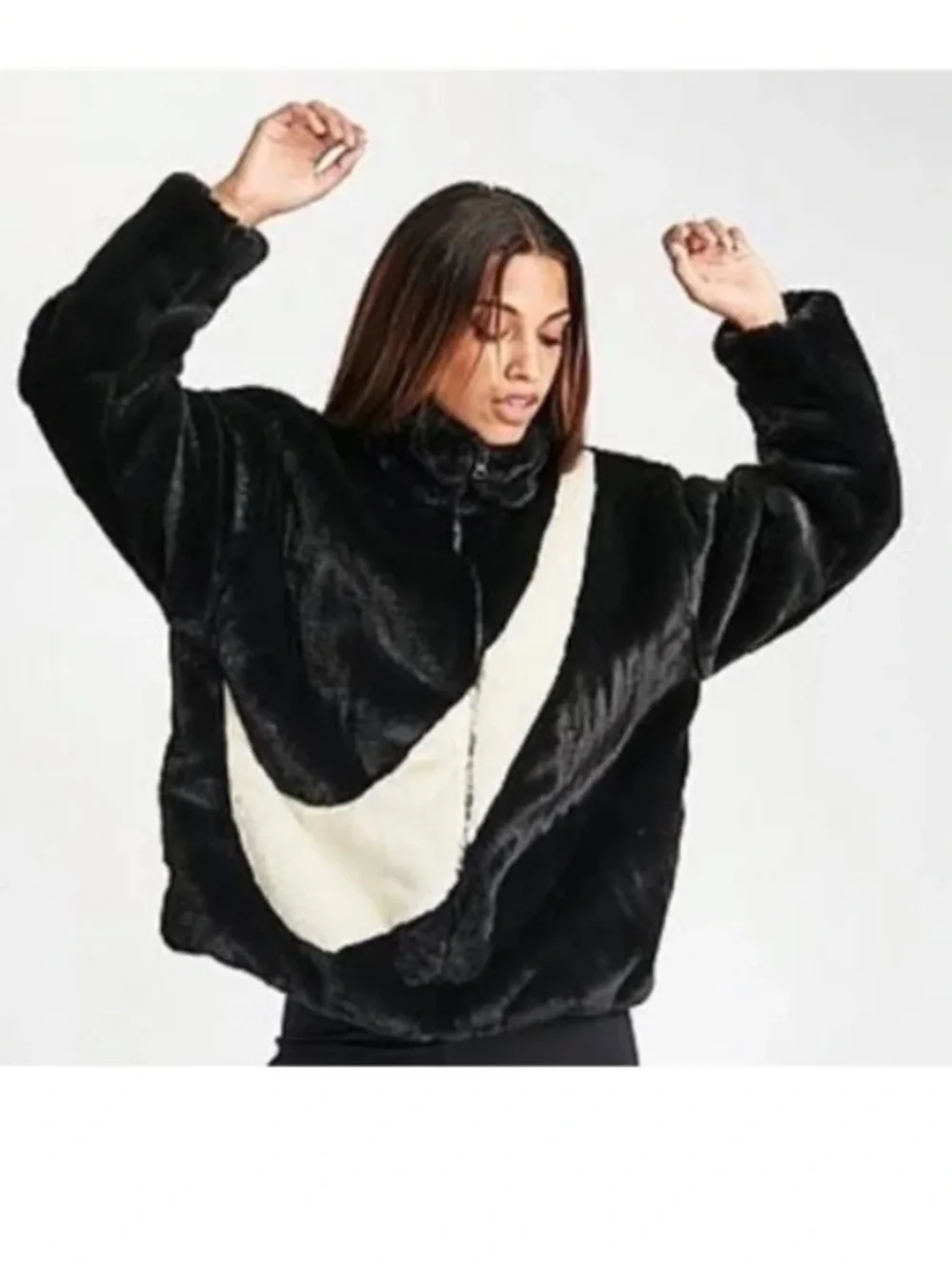 Nike Woman Black Faux Fur Jacket with White Swoosh